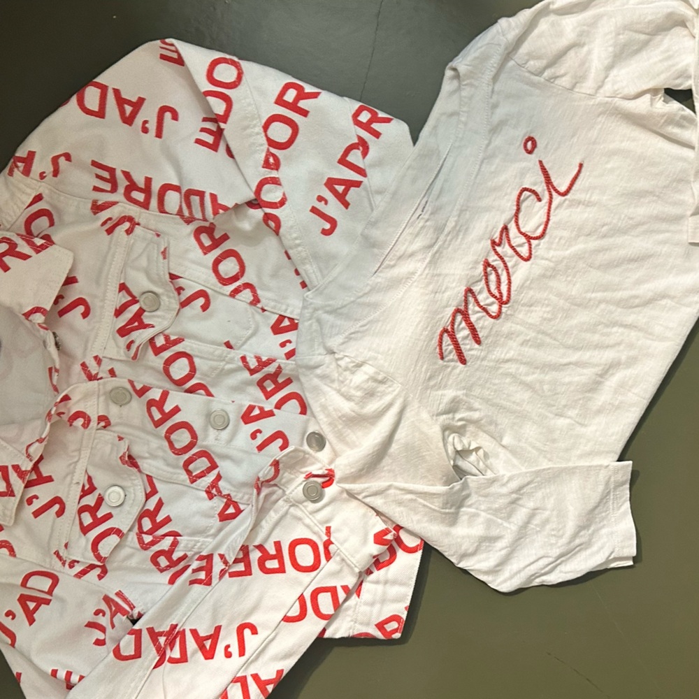French Bundle ✈️ 🇫🇷 J’Adore Jean Jacket + Merci Shirt ♥️ Red & White